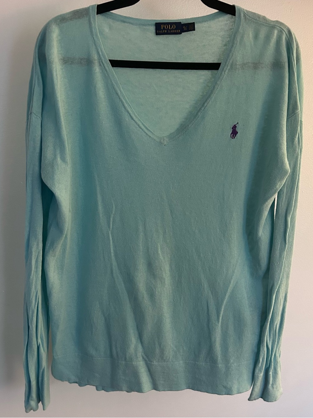 Ralph Lauren Mint Green V-Neck Sweater with Purple Pony